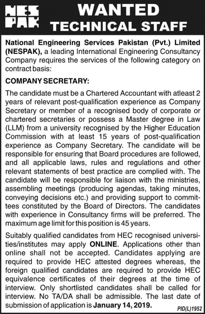NESPAK Jobs 2019 for Company Secretary