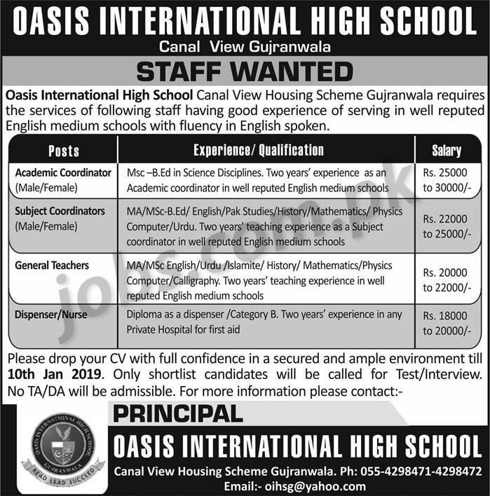 Oasis International High School Gujranwala Jobs 2019 for Dispenser, Nurses, Coordinators and Teachers