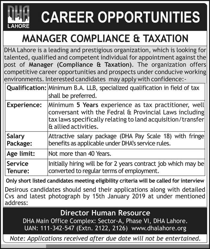 DHA Lahore Jobs 2019 for Manager Compliance & Taxation