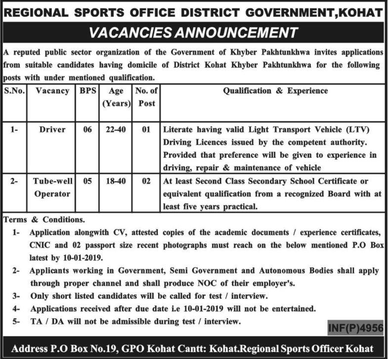 Regional Sport Office Kohat KP Jobs 2019 for Driver & Tube Well Operators