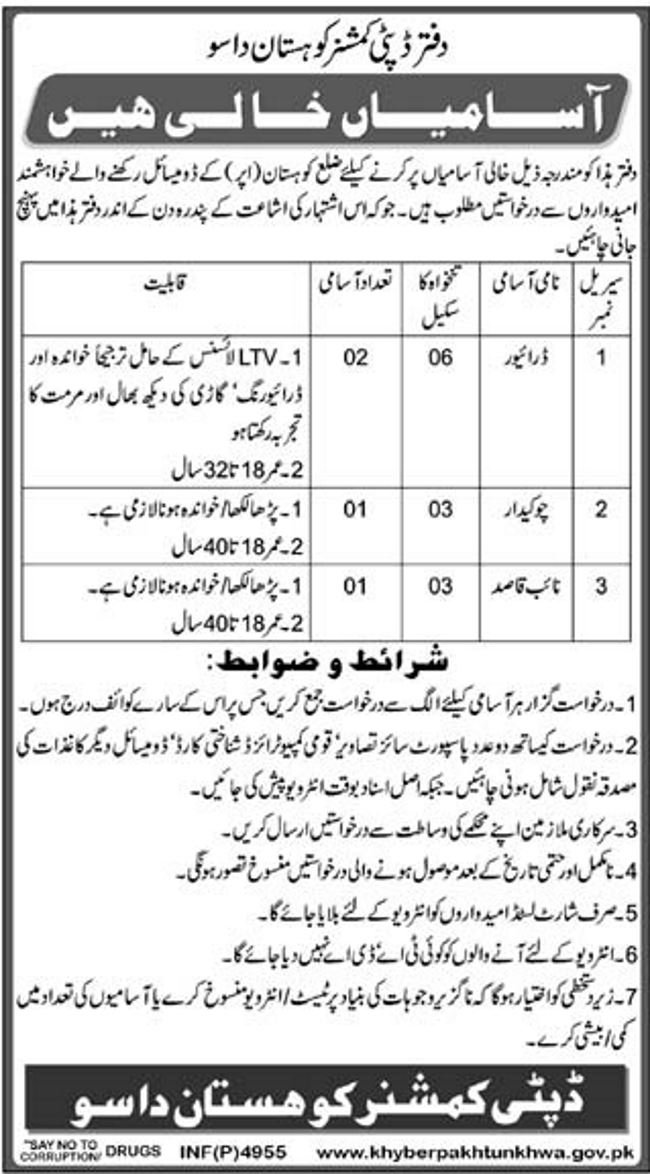 DC Office Kohistan Jobs 2019 for Drivers & Support Staff