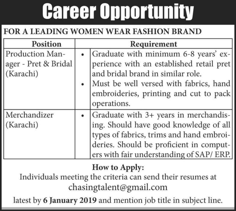 Karachi Fashion Brand Jobs 2019 for Merchandiser and Production Manager