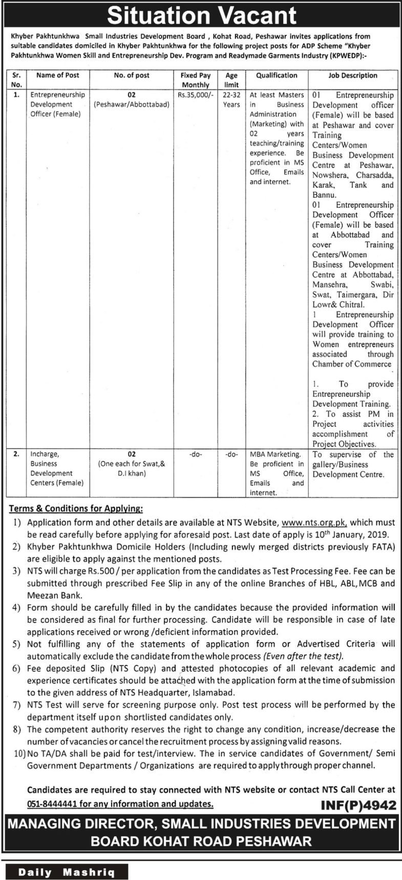 KP Small Industries Development Board Jobs 2019 for 4+ Entrepreneurship Development Officers and Incharge