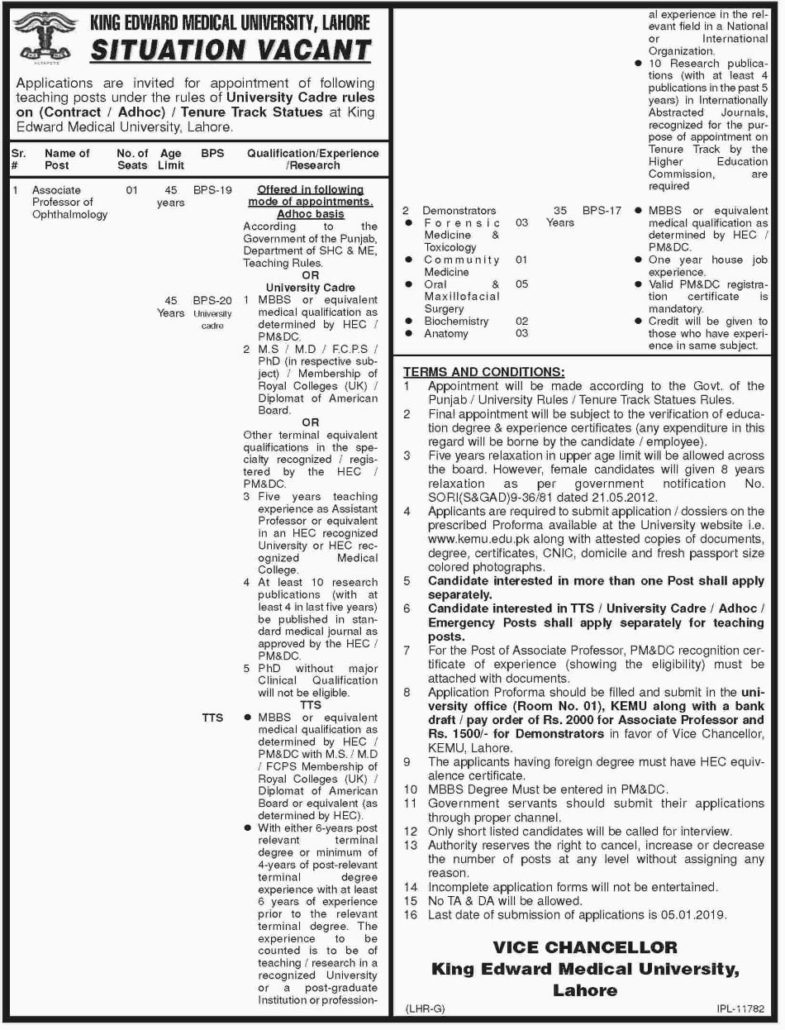 King Edward Medical University Lahore Jobs 2019 for 15+ Demonstrators and Teaching Faculty