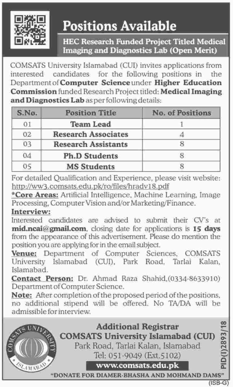 COMSATS University Islamabad Jobs 2019 for 29+ Team Lead, Research Associates/Assistants and MSc/PhD Students