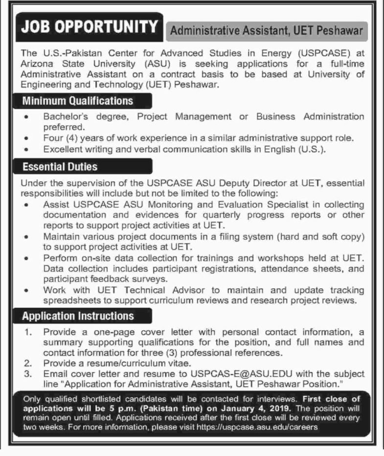 UET Peshawar Jobs 2019 for Administrative Assistant
