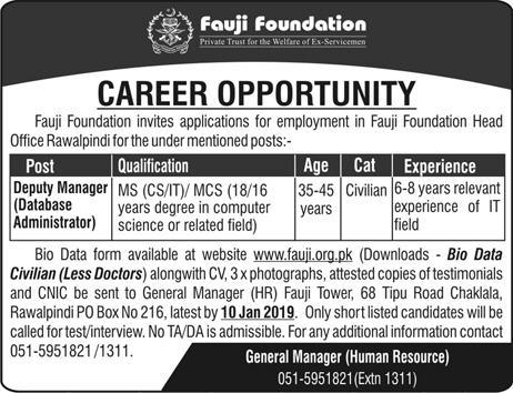 Fauji Foundation Jobs 2019 for DAE/Engineering/Manager and IT/Deputy Manager