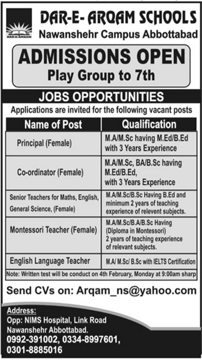 Dar-e-Arqam Schools Abbottabad Jobs 2019 for Teachers, Coordinator and Principal Posts