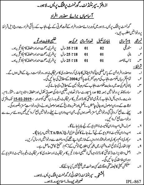 Punjab Govt Printing Press Jobs 2019 for Support Staff (Disable Quota)