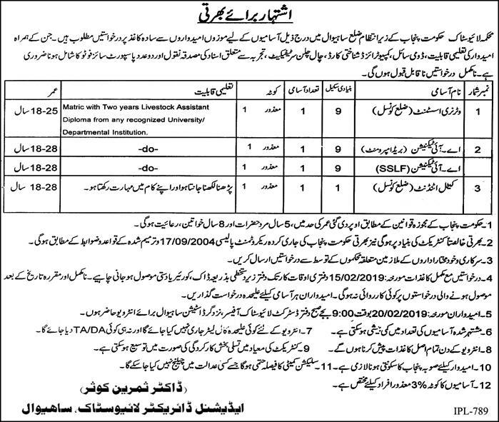Punjab Livestock Department Jobs 2019 for Veterinary Assistant & Technicians (Multiple Districts)