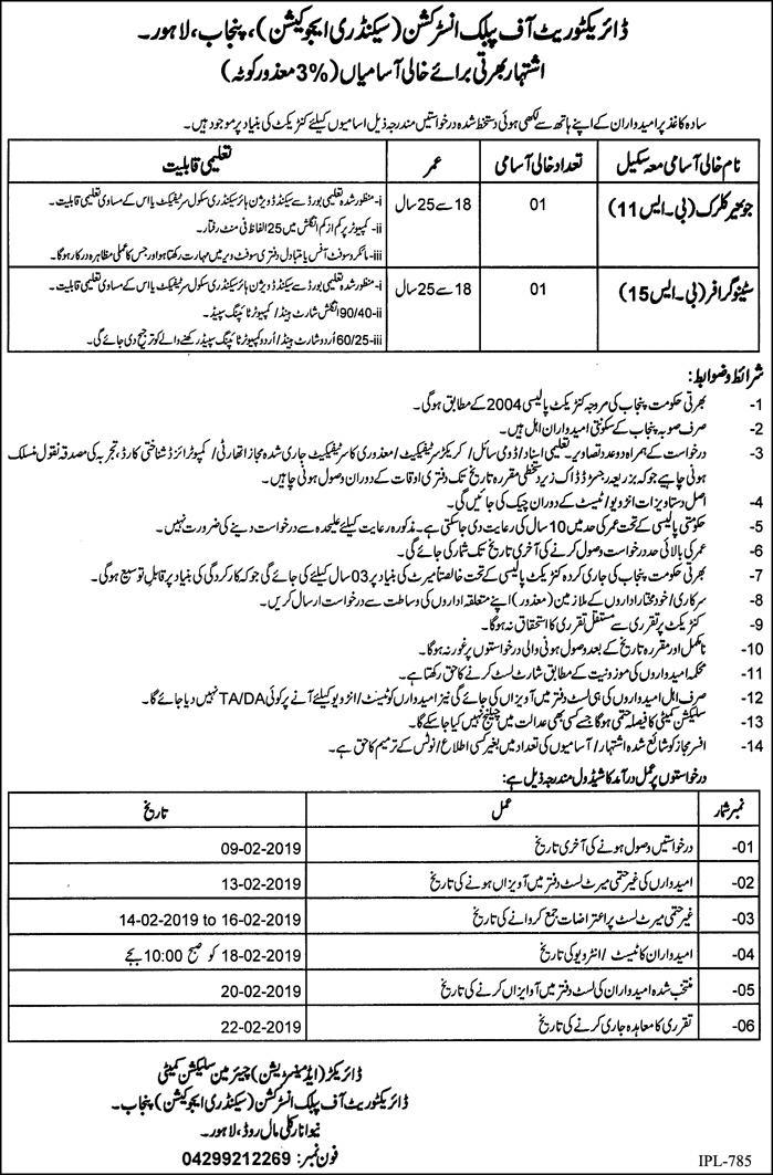 Directorate of Secondary Education Punjab Jobs 2019 for Junior Clerk and Stenographer (Disable Quota)
