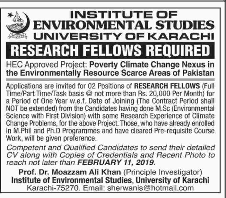 University of Karachi Jobs 2019 for Research Fellows