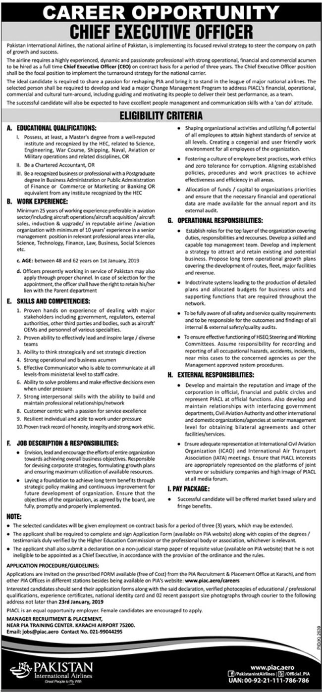 Pakistan International Airlines (PIA) Jobs 2019 for Chief Executive Officer / Management