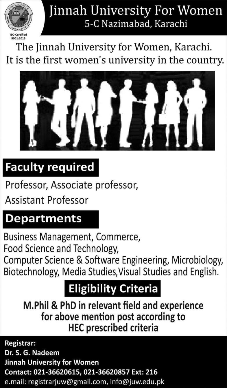 Jinnah University for Women (Karachi) Jobs 2019 for Teaching Faculty