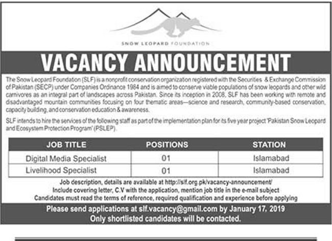 The Snow Leopard Foundation (SLF) NGO Jobs 2019 for Digital Media and Livelihood Specialists