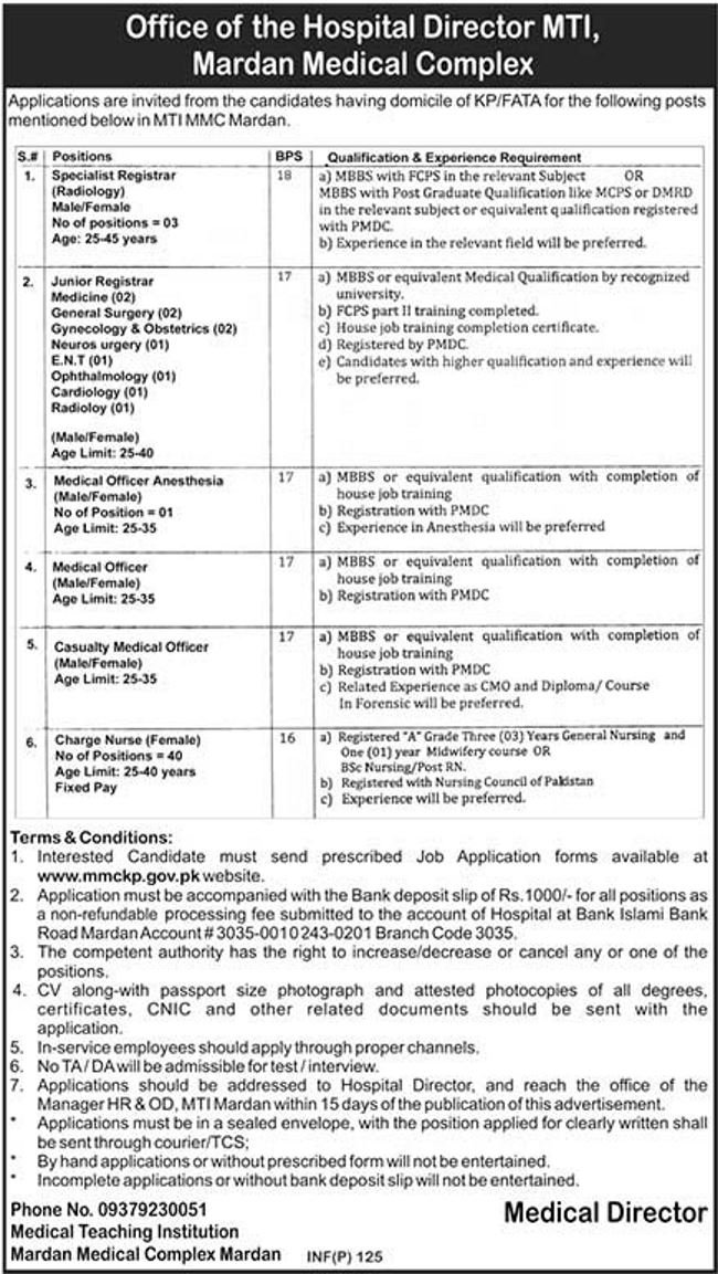 Mardan Medical Complex KP Jobs 2019 for Nurses, Registrars and Medical Officers