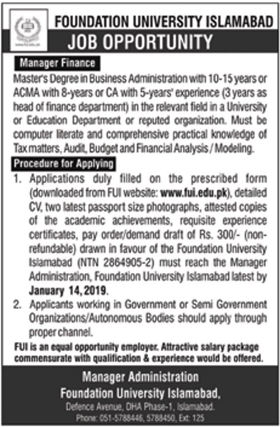 Foundation University Islamabad Jobs 2019 for Manager Finance
