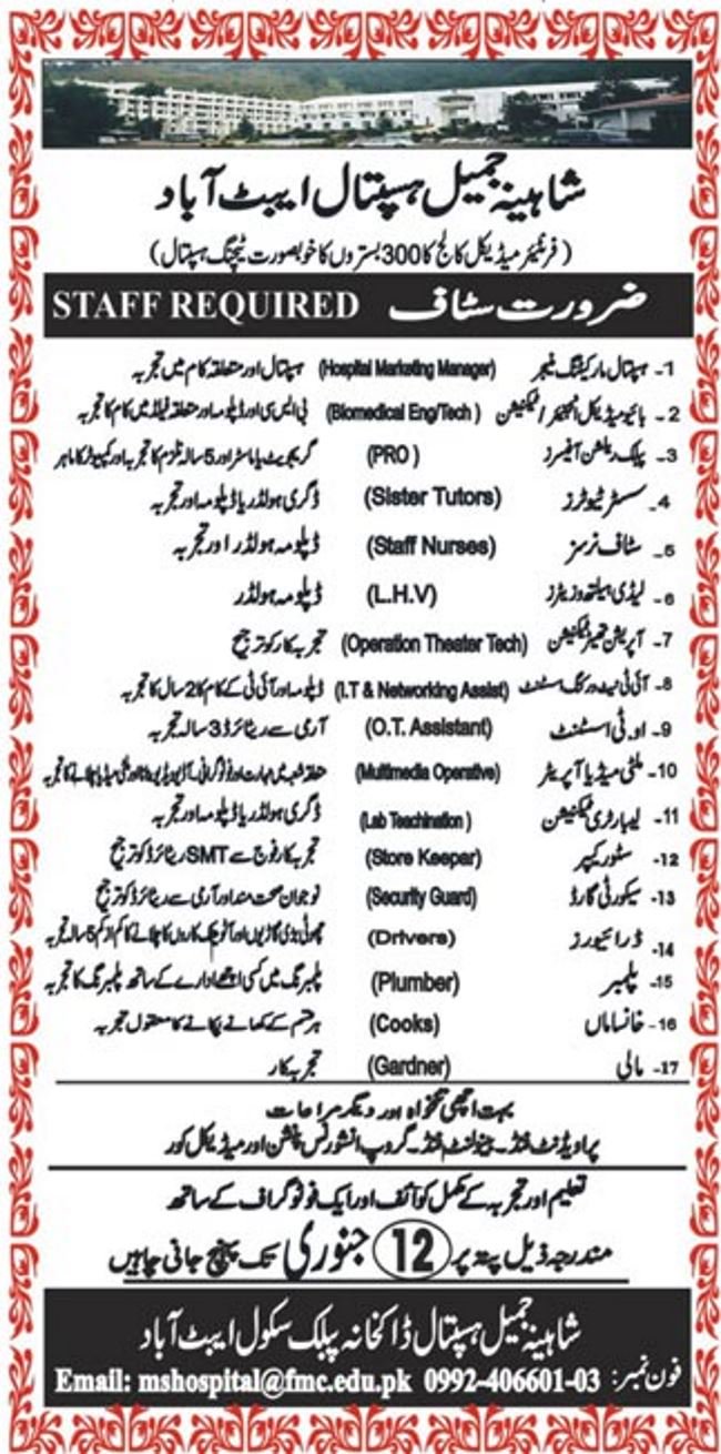 Shaheena Jameel Hospital Abbottabad Jobs 2019 for 17+ IT, Medical, Admin, Marketing, PRO and Other Posts
