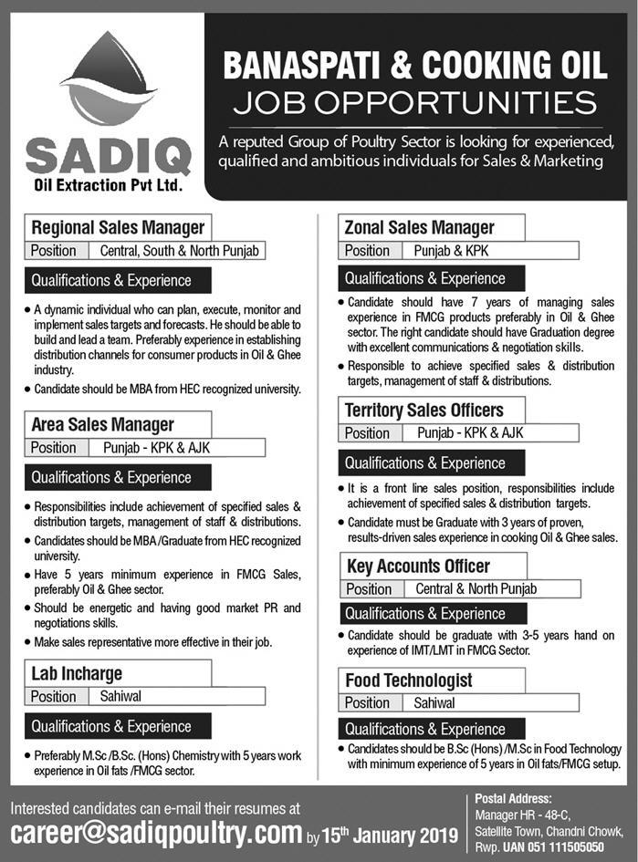 Sadiq Oil Extraction Pvt Ltd Jobs 2019 for Food Technologists, Key Accounts Officers, Lab and Sales Positions (Multiple Cities)
