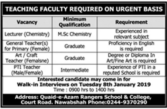 Quaid-e-Azam Rangers School & College Nawabshah Jobs 2019 for Teachers (Walk-in Interviews)