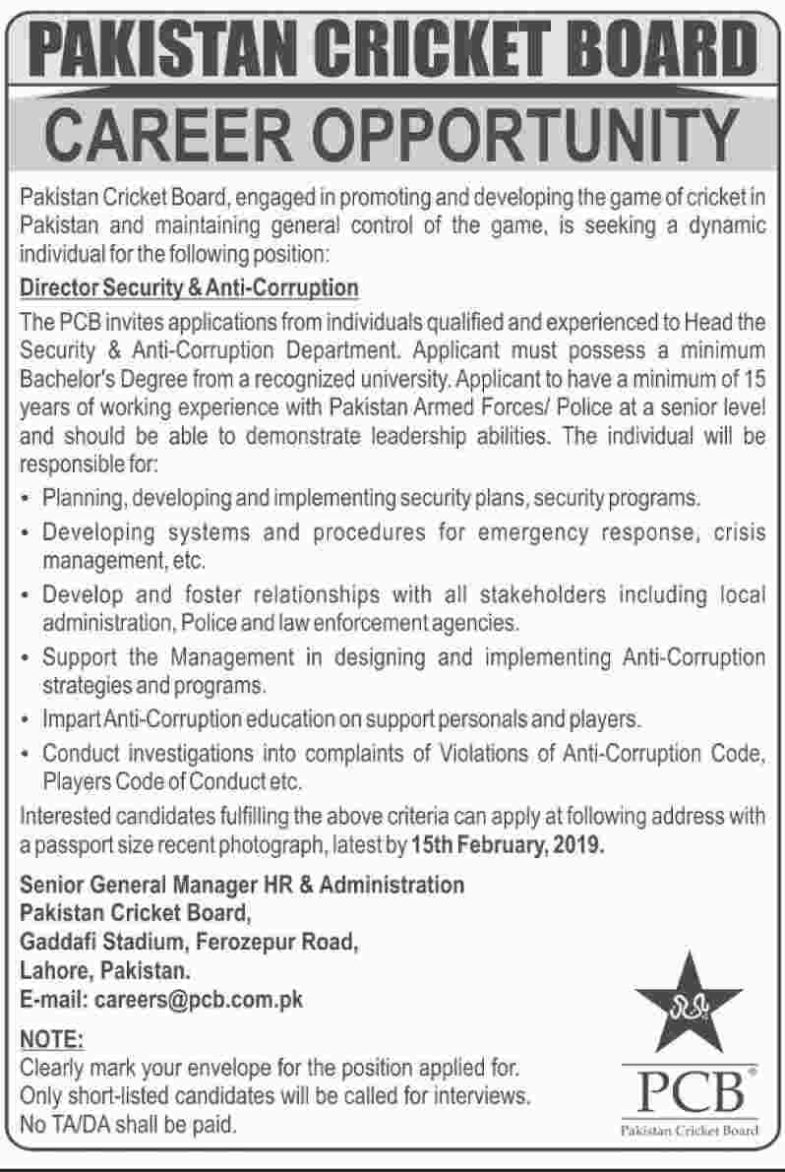PCB Jobs 2019 for Management / Director Security & Anti Corruption