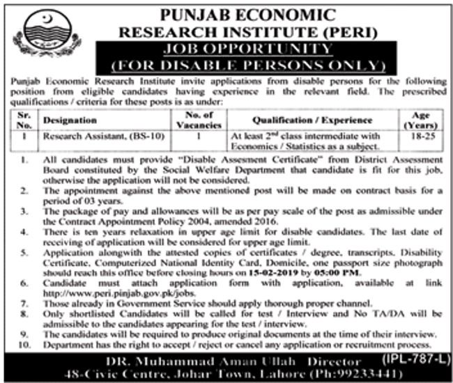 Punjab Economic Research Institute (PERI) Jobs 2019 for Research Assistant (Disable Quota)