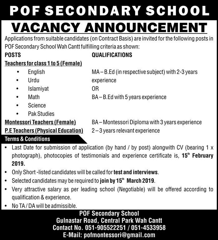 POF School Wah Cantt Jobs 2019 for Teachers