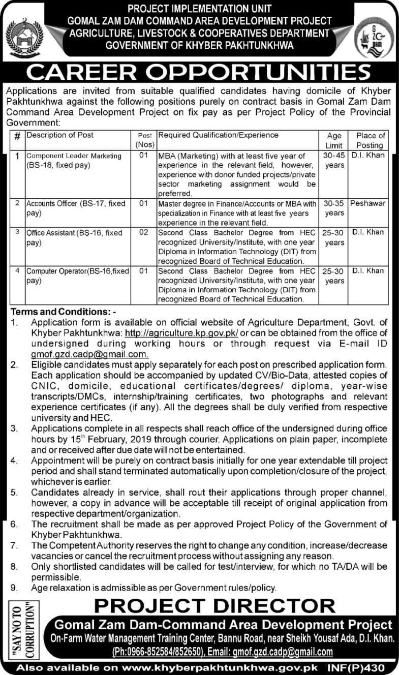 KP Agriculture, Livestock & Cooperatives Department Jobs 2019 for Computer Operator, Office Assistant, Accounts Officer and Marketing Leader
