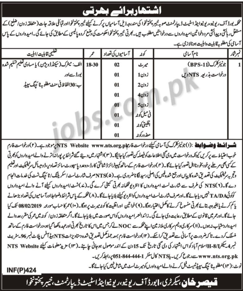 KP Board of Revenue Jobs 2019 for 9+ Junior Clerks (Download NTS Form)