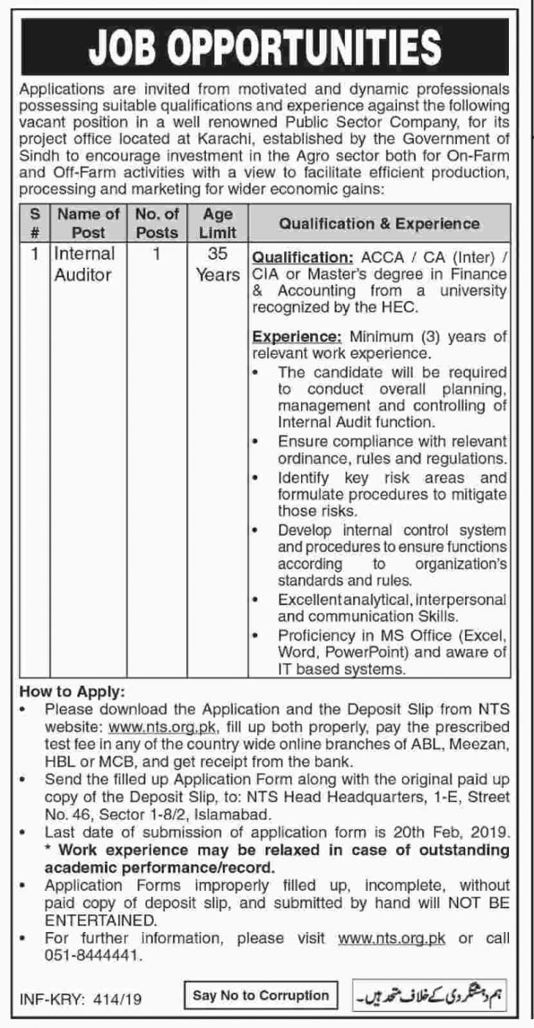 Public Sector Organization Jobs 2019 for Internal Auditor (Download NTS Form)