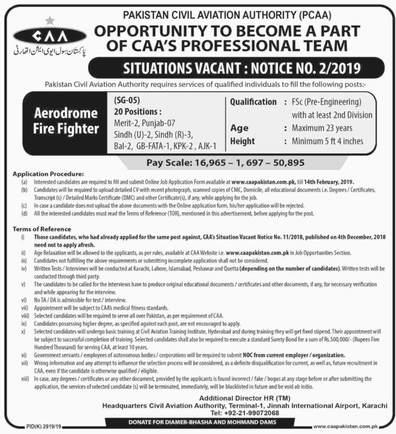 Pakistan Civil Aviation Authority (PCAA) Jobs 2019 for 20+ FSc / Aerodrome Fire Fighter