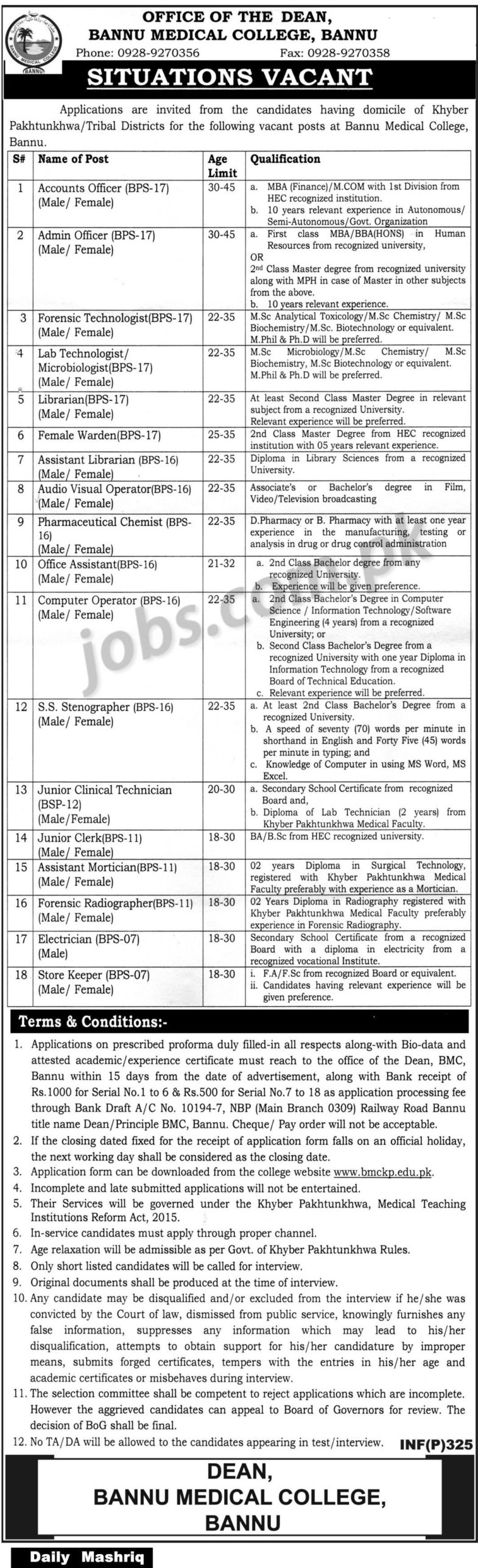 Bannu Medical College Jobs 2019 for Admin, Accounts, Librarian, Lab, Pharma, Jr Clerk, Stenographer, IT & Other Staff Posts