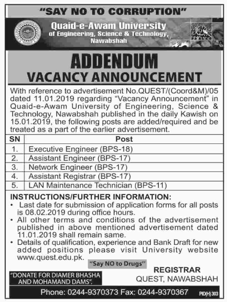 Quaid-E-Azam University of Engineering, Science & Technology Nawabshah Jobs 2019 for IT & Engineering Posts
