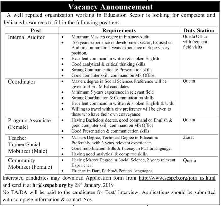 SCSPEB NGO Jobs 2019 for Teacher Trainer, Social Mobilizer, Auditor, Coordinator, Program Associate