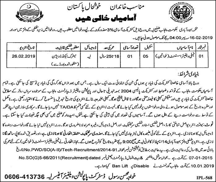 Punjab Population Welfare Department Jobs 2019 for Family Welfare Assistant (Female) (Disable Quota)