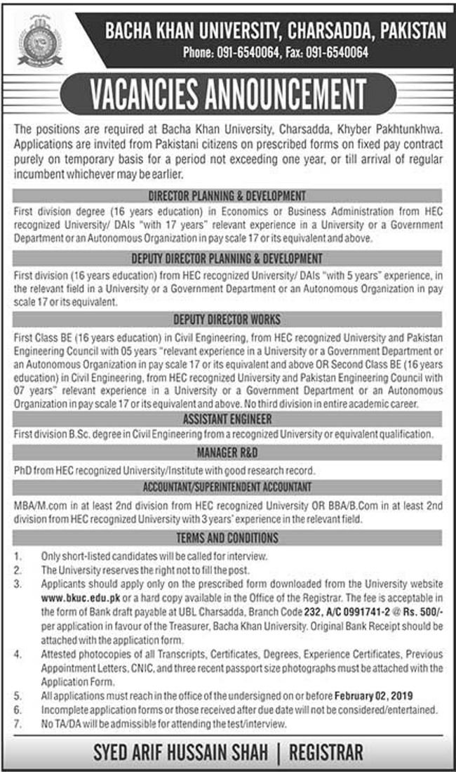 Bacha Khan University Jobs 2019 for Accounts, Engineering, R&D and Management Posts