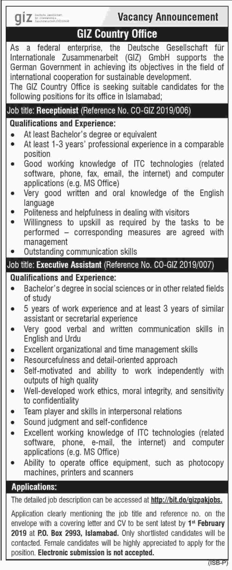 GIZ Pakistan Jobs 2019 for Executive Assistant and Receptionist