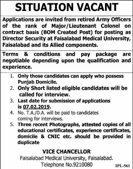 Faisalabad Medical University Jobs 2019 for the post of Director Security (Retired Army)