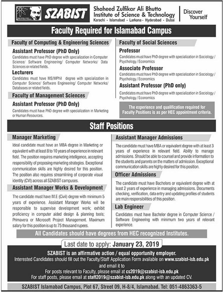SZABIST (Islamabad) Jobs 2019 for Teaching & Non-Teaching Positions (Multiple Categories)