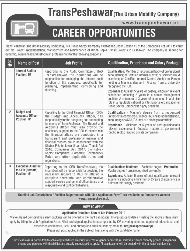 TransPeshawar Jobs 2019 for Executive Assistant, Budget/Accounts Officer and Auditor Posts