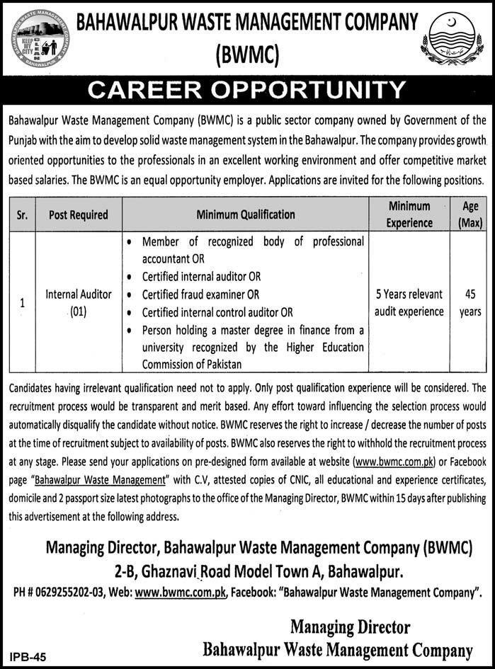 Bahawalpur Waste Management Company (BWMC) Jobs 2019 for Internal Auditor