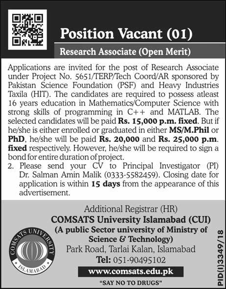 Comsats University Islamabad Jobs 2019 for Research Associate