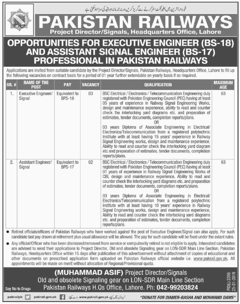 Pakistan Railways Jobs 2019 for Signal and Executive Engineers