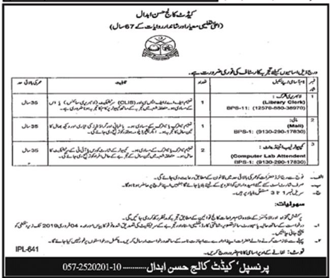 Cadet College Hasan Abdal Jobs 2019 for Library Clerk & Support Staff