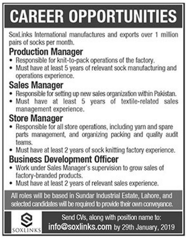 SoxLinks Pakistan Jobs 2019 for Business Development Officer, Store Manager, Production and Sales Managers