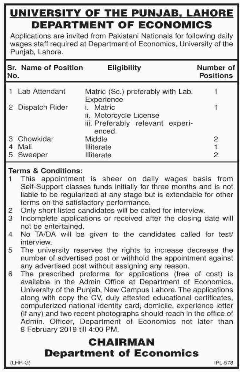 University of Punjab Jobs 2019 for 7+ Lab, Support & Security Staff