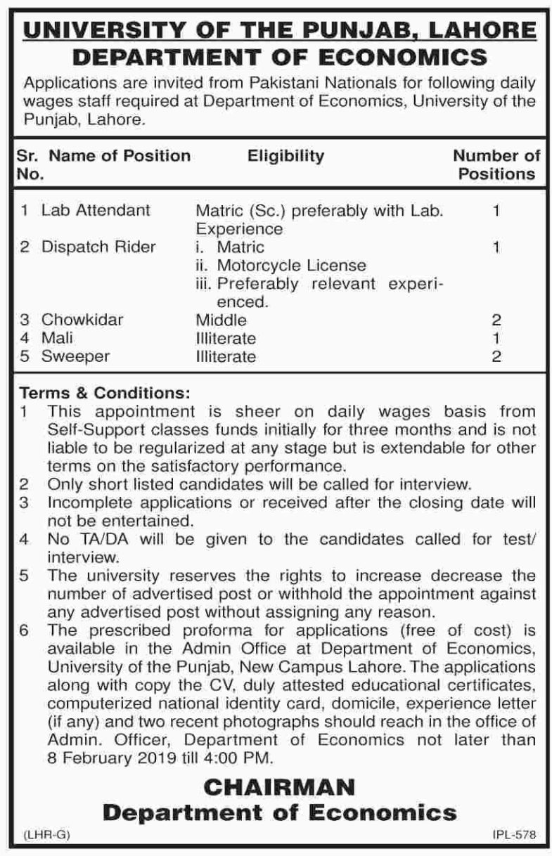 University of Punjab Jobs 2019 for 7+ Lab, Support & Security Staff