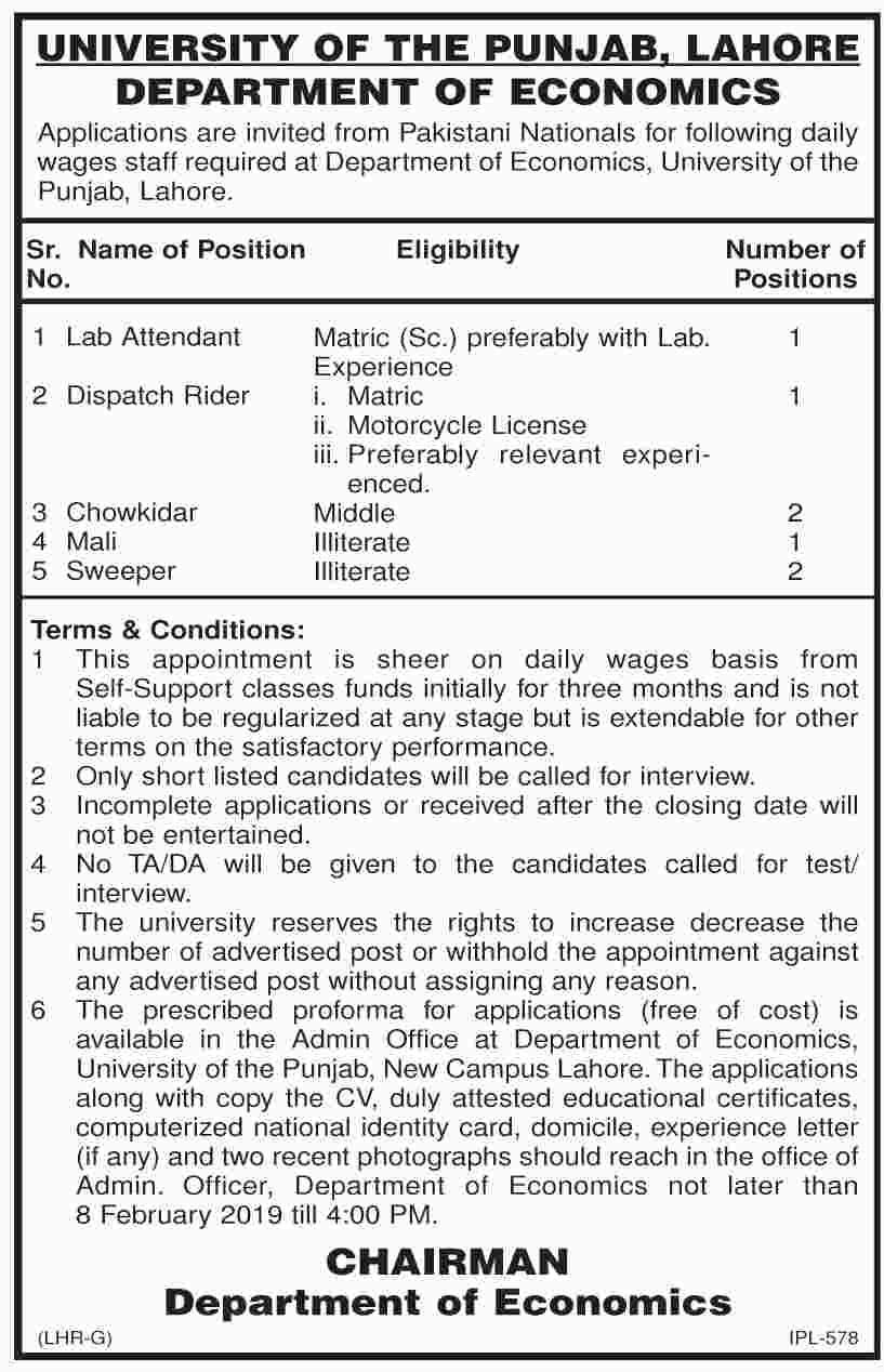 University of Punjab Jobs 2019 for 7+ Lab, Support & Security Staff
