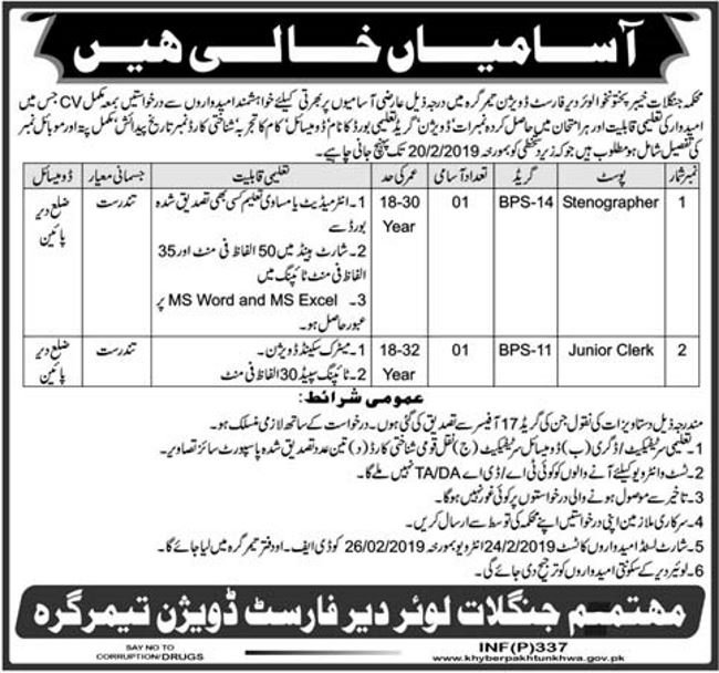 Forest Department KP Jobs 2019 for Jr Clerk and Stenographer