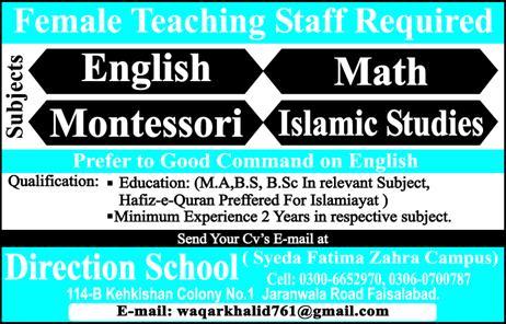 Direction School Faisalabad Jobs 2019 for Teachers